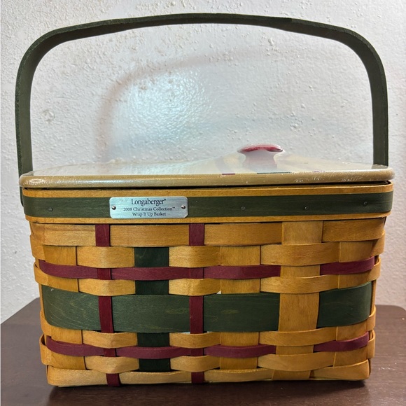 Vintage Longaberger Classic Basket with Lid - Green Red and Tan
